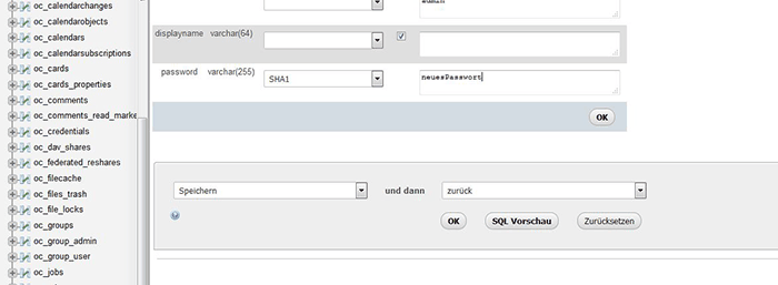 phpMyAdmin Owncloud Passwort ändern