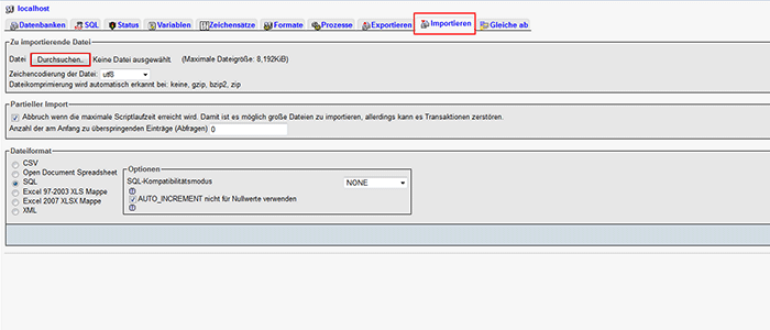 Datenbank in Phpmyadmin importieren