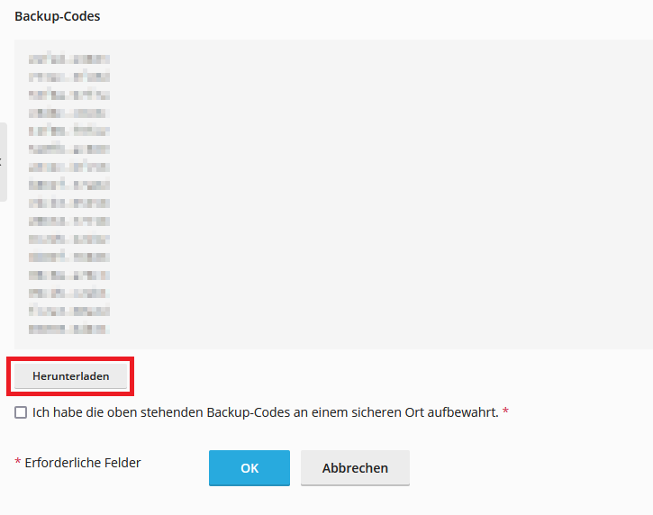 Plesk - Backup-Codes herunterladen