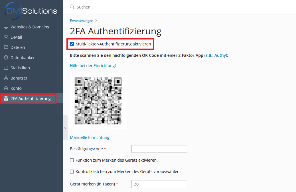 Plesk - 2FA Einstellungen