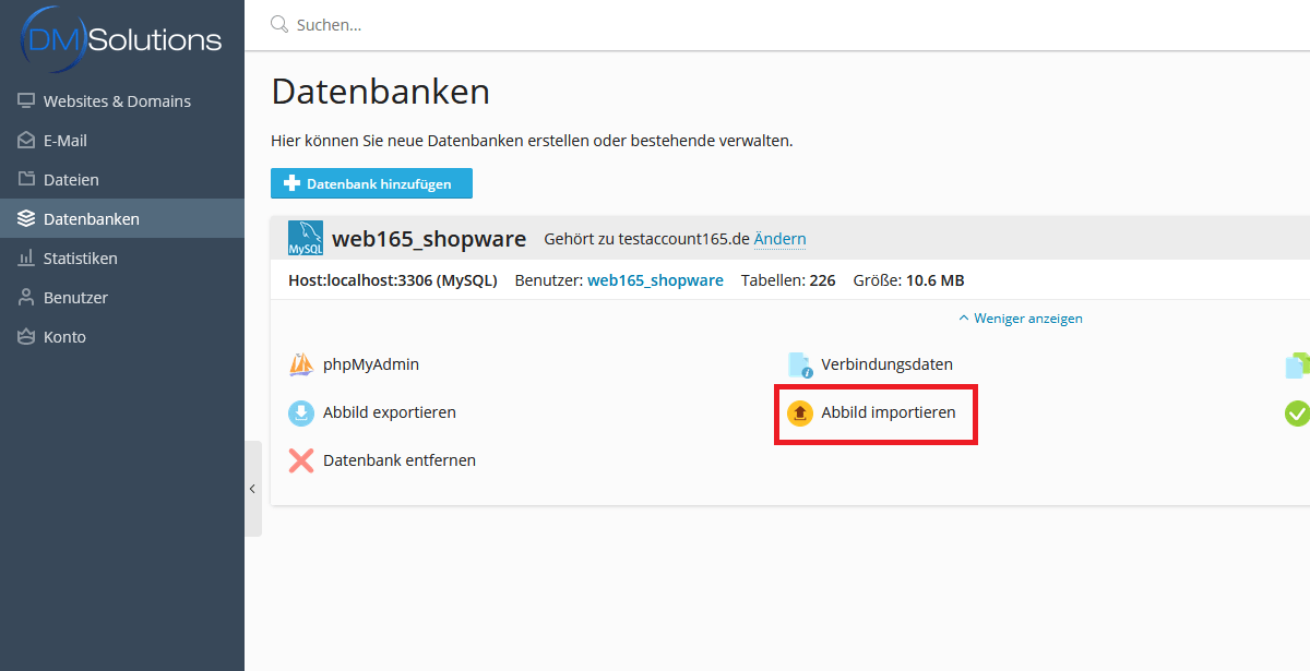 Plesk Datenbank importieren