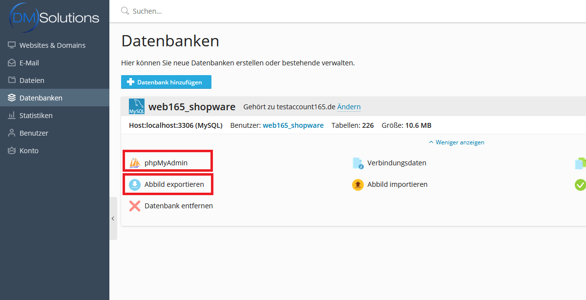 Plesk Datenbank sichern und phpMyAdmin öffnen