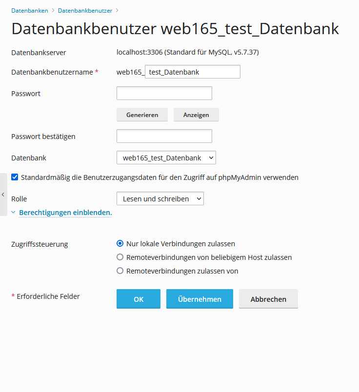 Plesk Datenbankbenutzer ändern