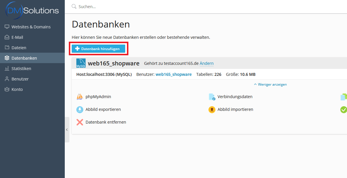 Plesk Datenbankübersicht