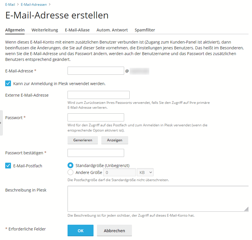 Plesk E-Mail Adresse einrichten