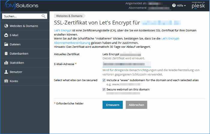 Plesk Let's Encrypt-Zertifikat abonnieren Plesk Let's Encrypt-Zertifikat abonnieren