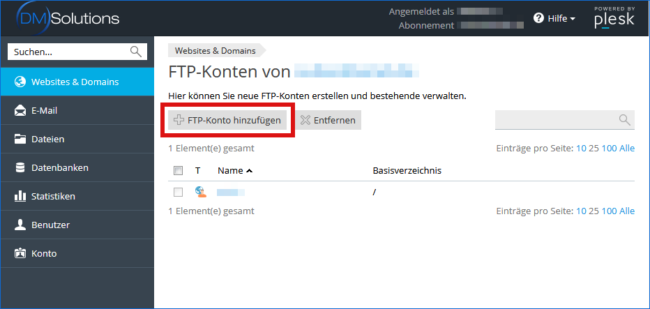 Plesk FTP-Konto hinzufügen