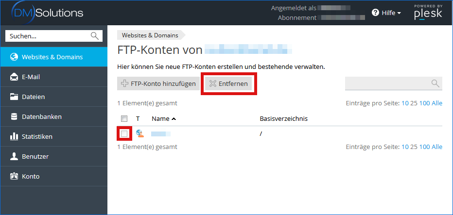 Plesk FTP-Benutzer löschen
