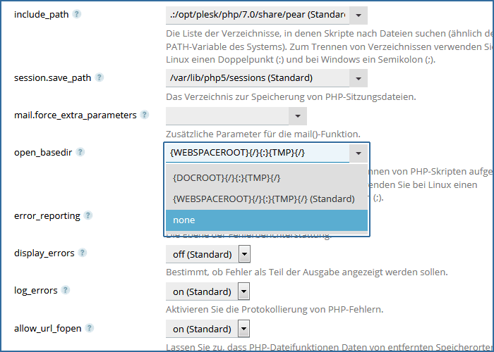 Plesk open_basedir umstellen