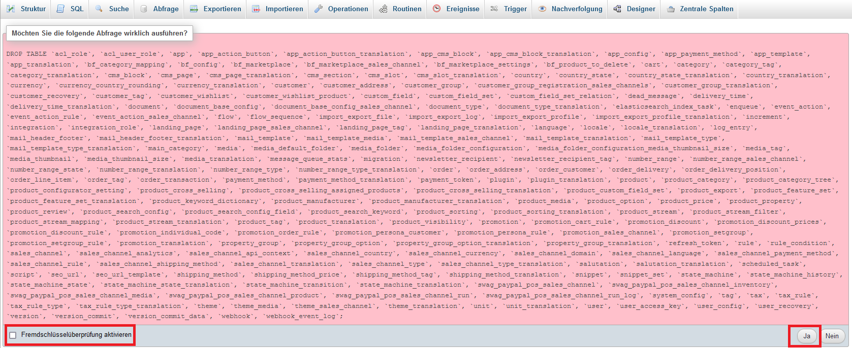 phpMyAdmin Datenbanktabellen löschen 'Bestätigung