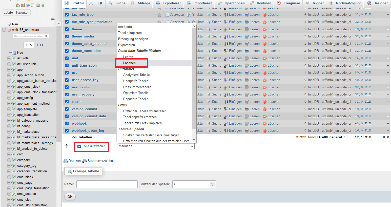 phpMyAdmin Datenbanktabellen löschen