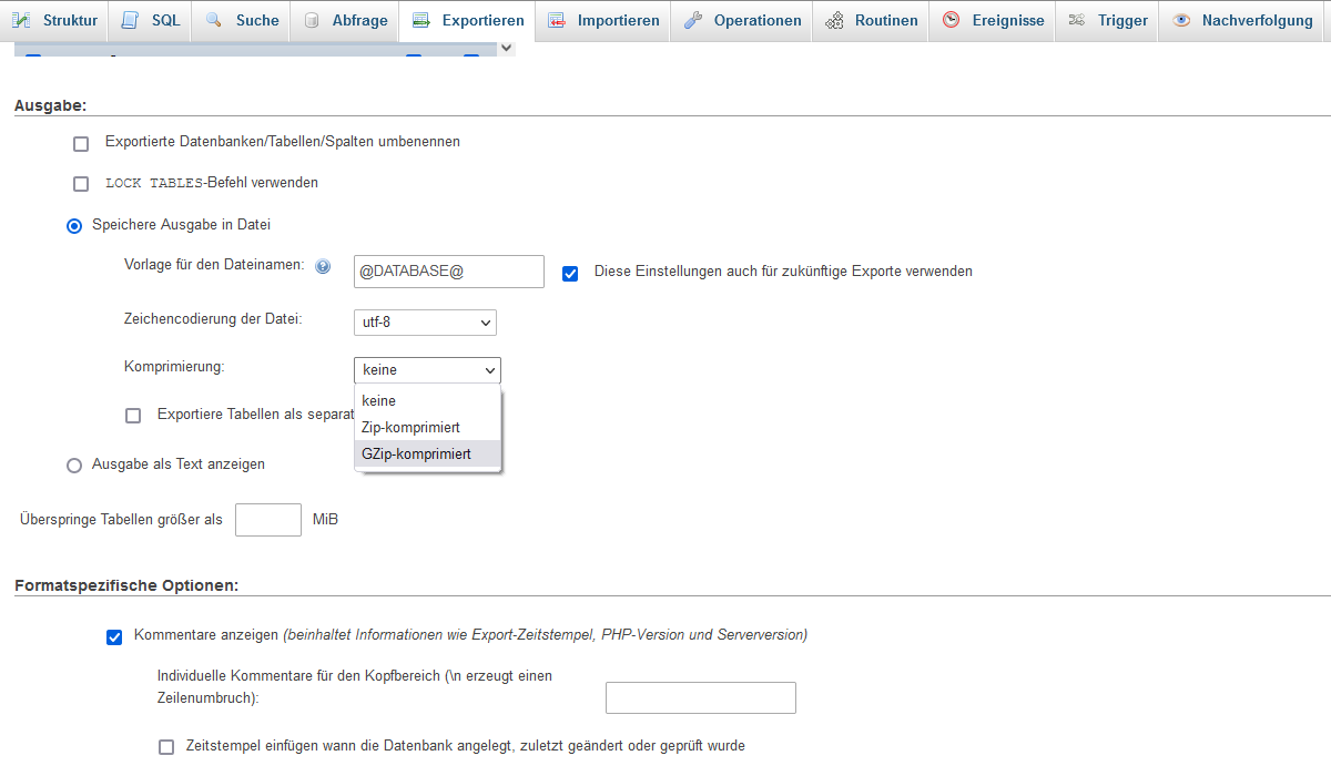 phpMyAdmin Datenbank exportieren angepasste Methode