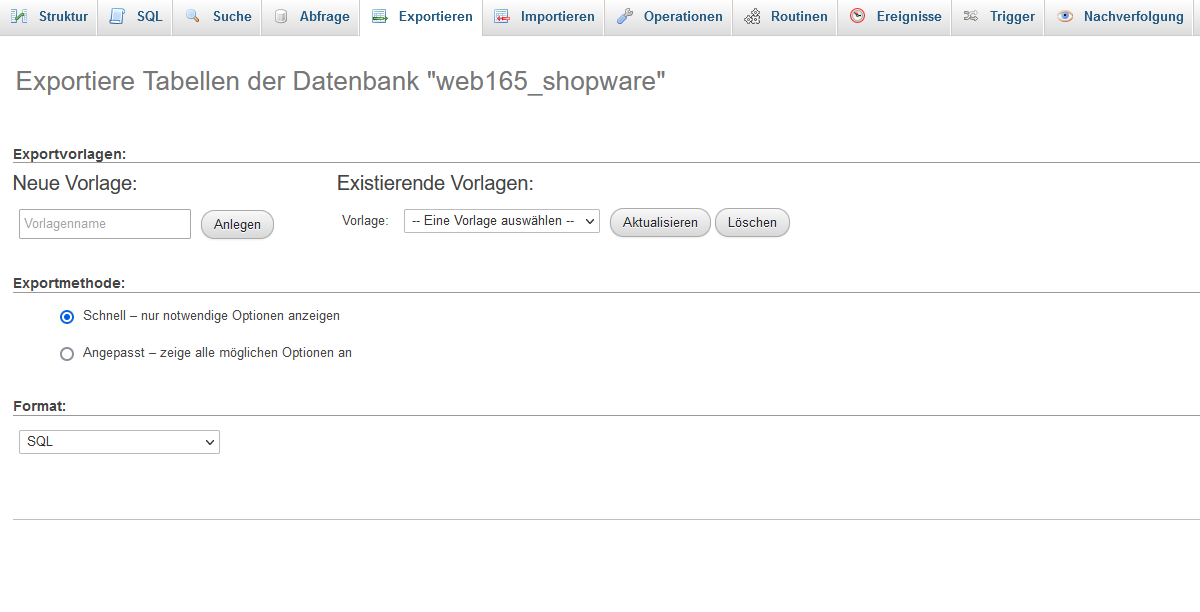 phpMyAdmin Datenbank exportieren schnelle Methode