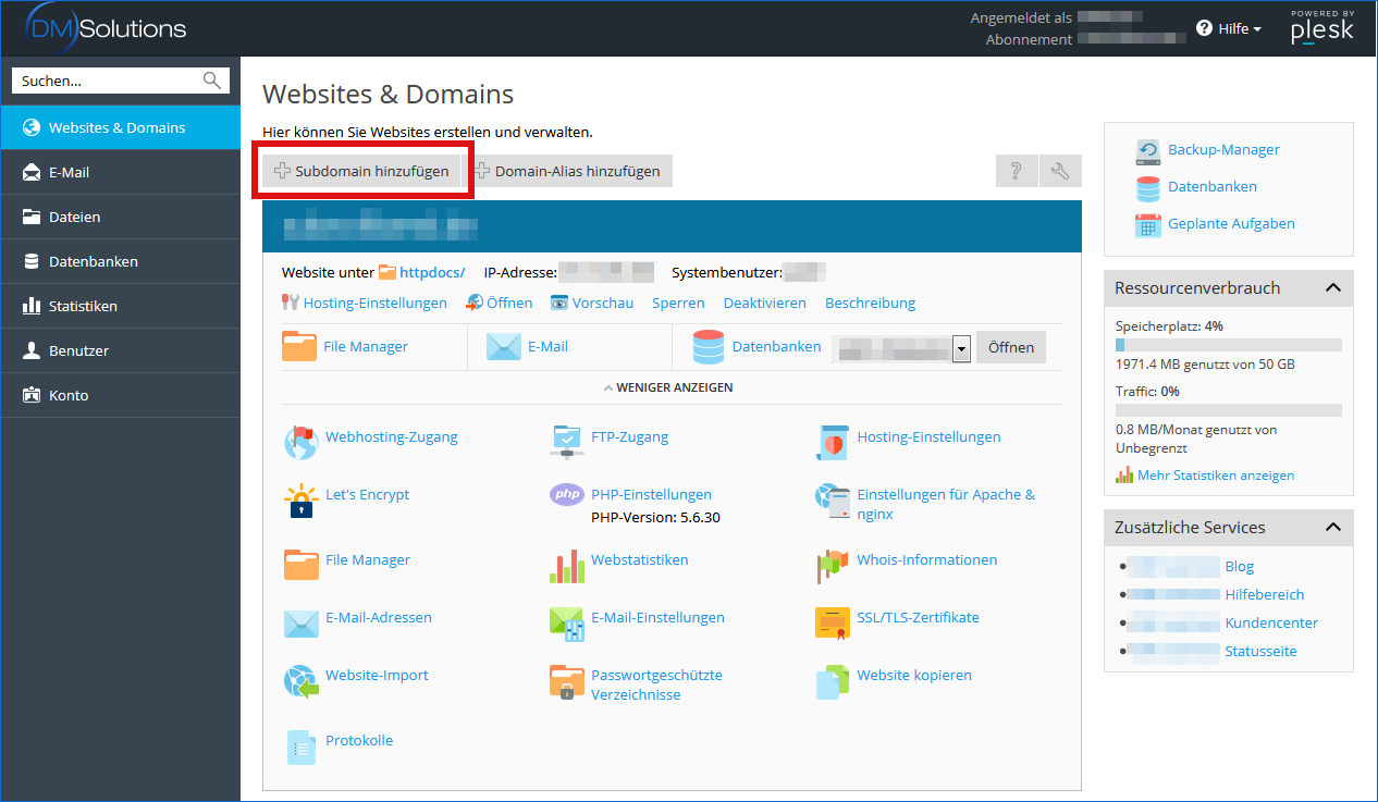 Plesk Subdomain anlegen