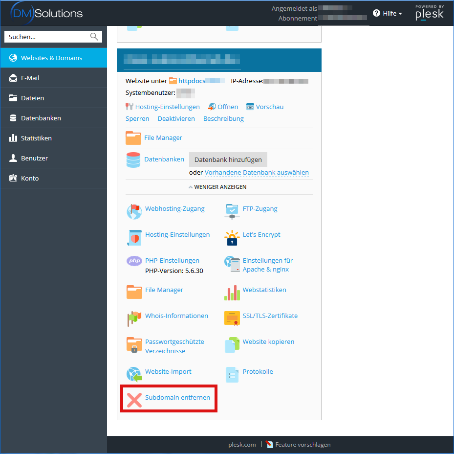 Plesk Subdomain löschen