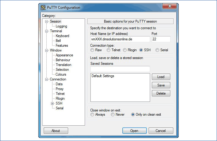 PuTTY Konfiguration Verbindung