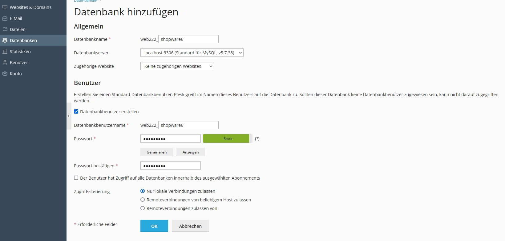 Shopware 6 Installationsanleitung - Datenbank in Plesk anlegen