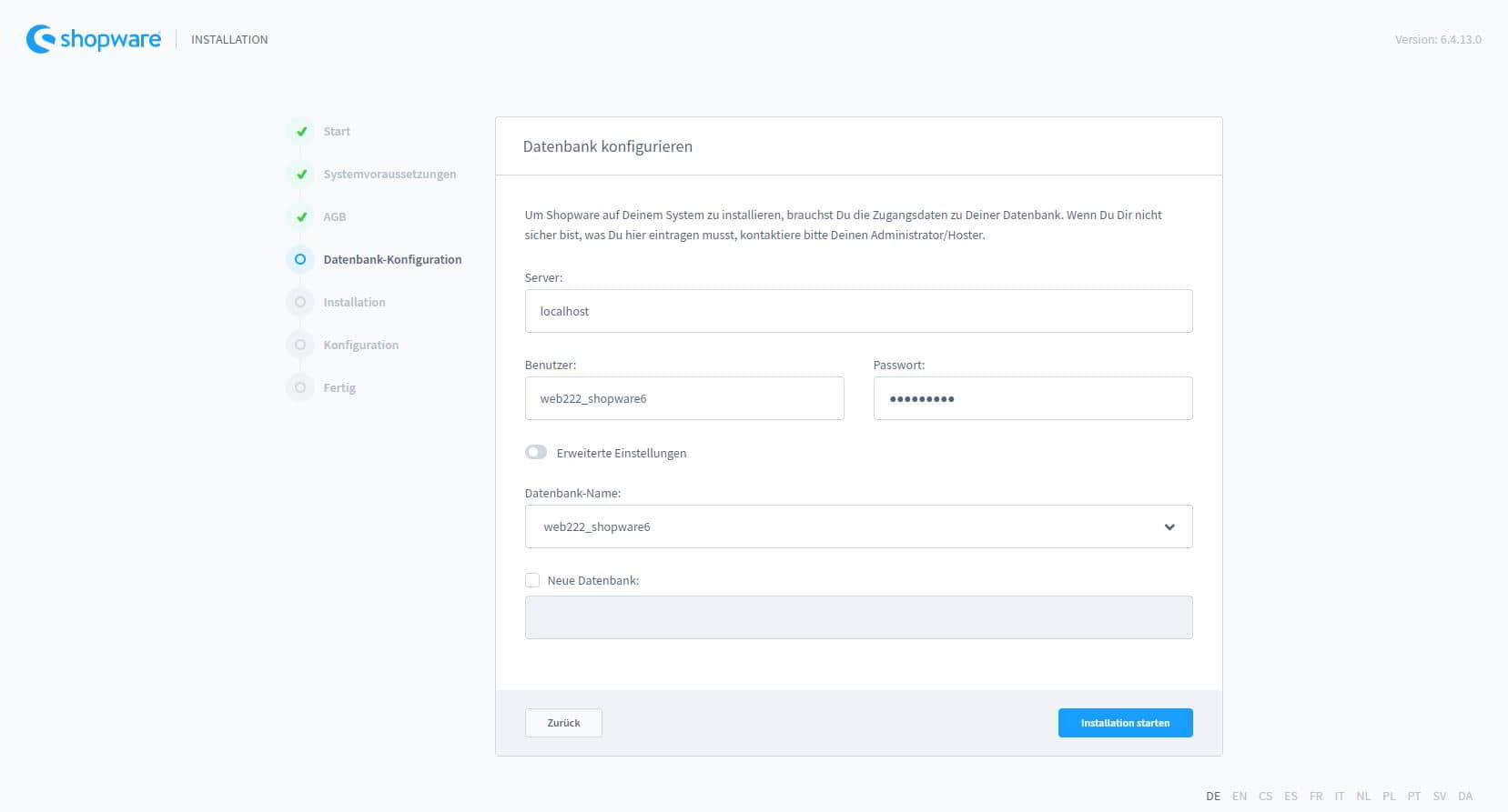 Shopware 6 Installationsanleitung - Datenbank-Daten eintragen