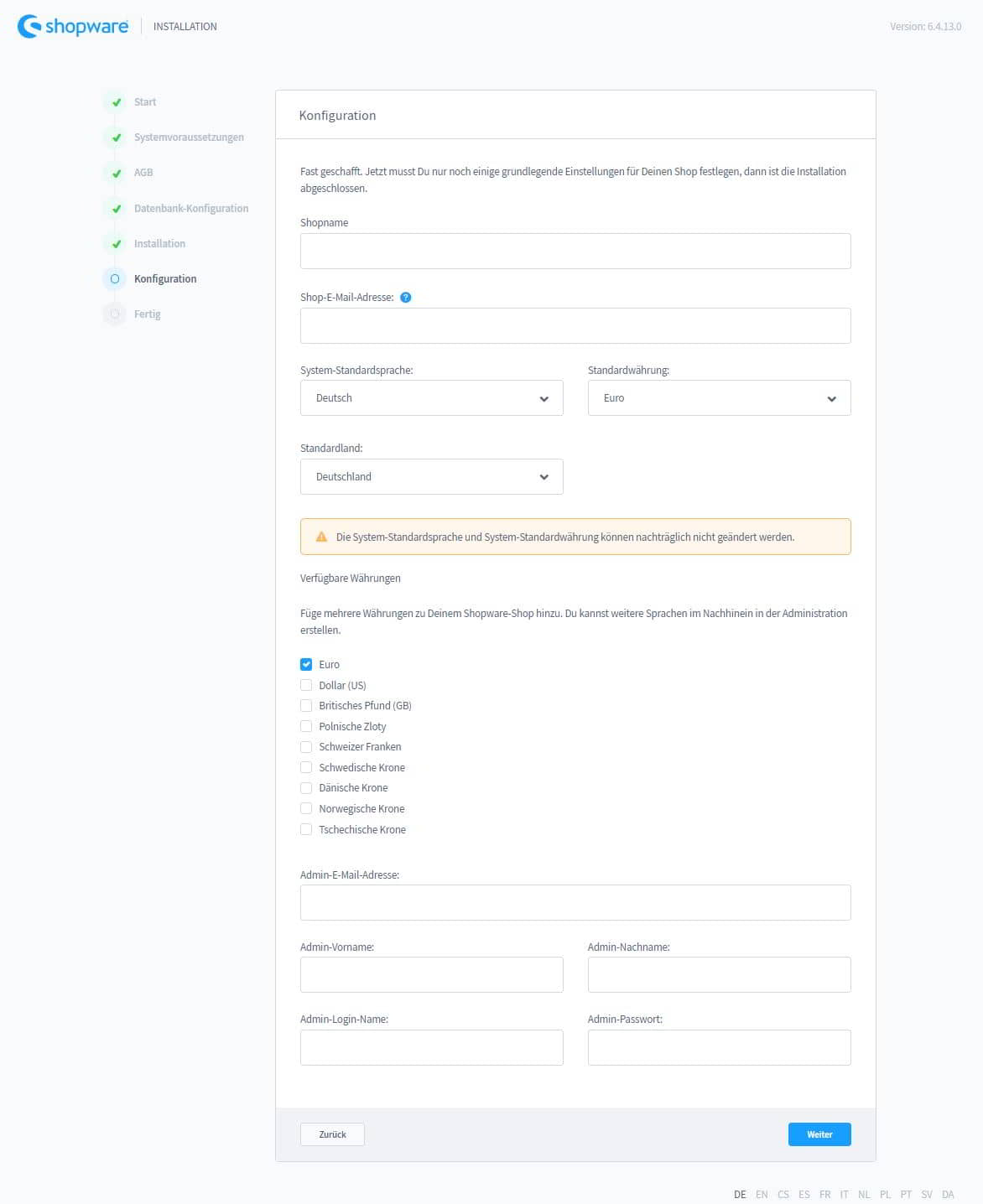 Shopware 6 Installationsanleitung - Anlage der Kontaktdaten