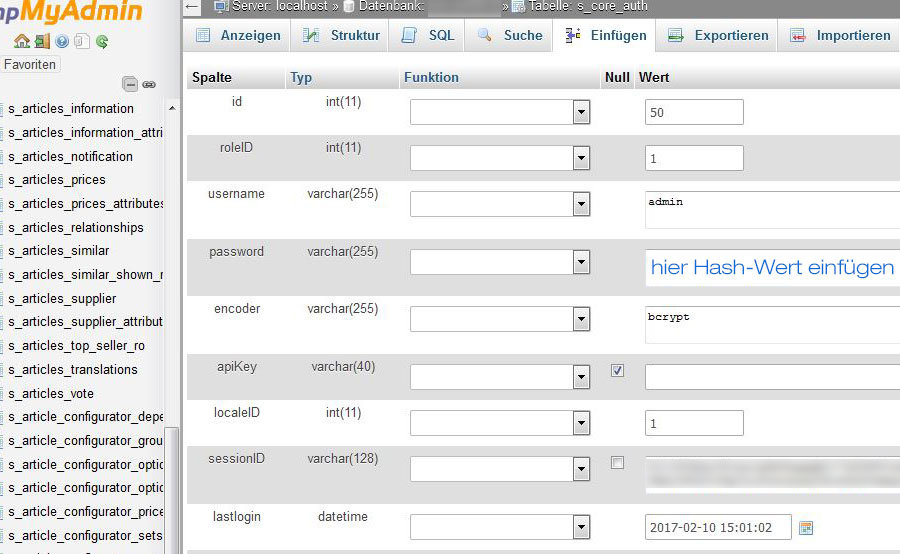 phpMyAdmin Passwort Hash einfügen