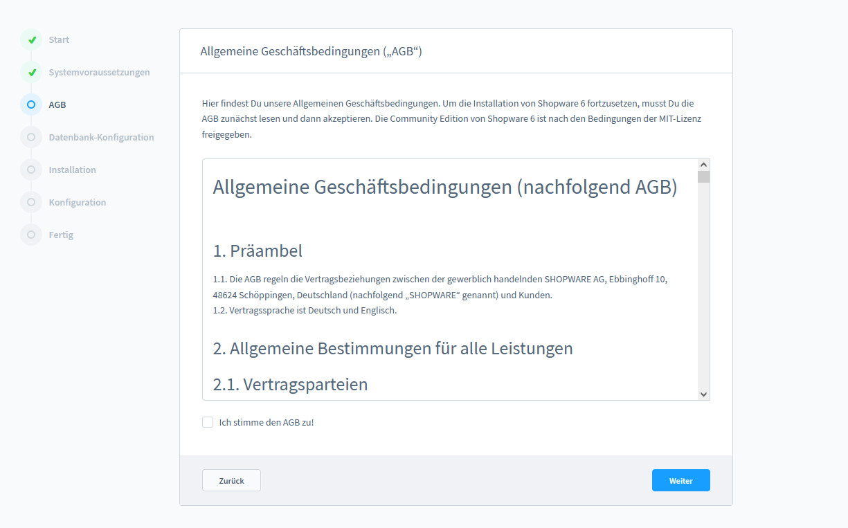 Shopware 6 Installation - Bestätigung der AGB