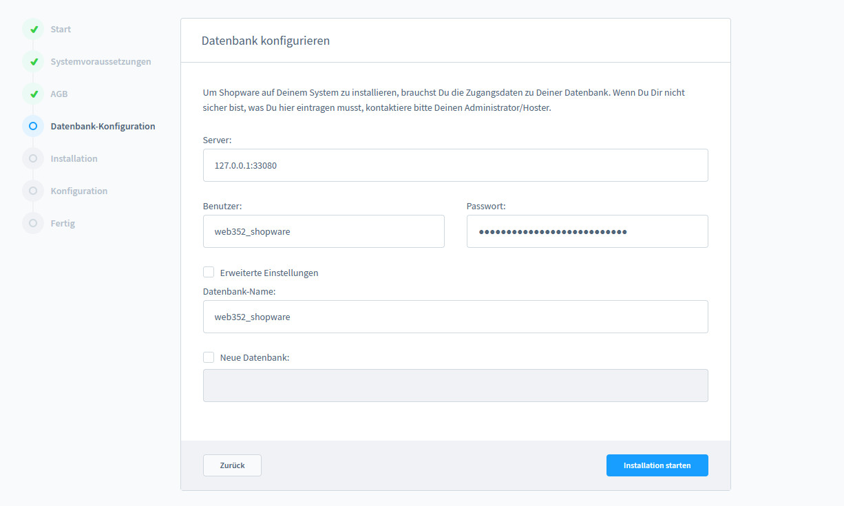 Shopware 6 Installation - Datenbankkonfiguration