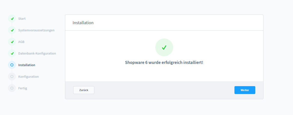 Shopware 6 Installation - Erfolgsmeldung