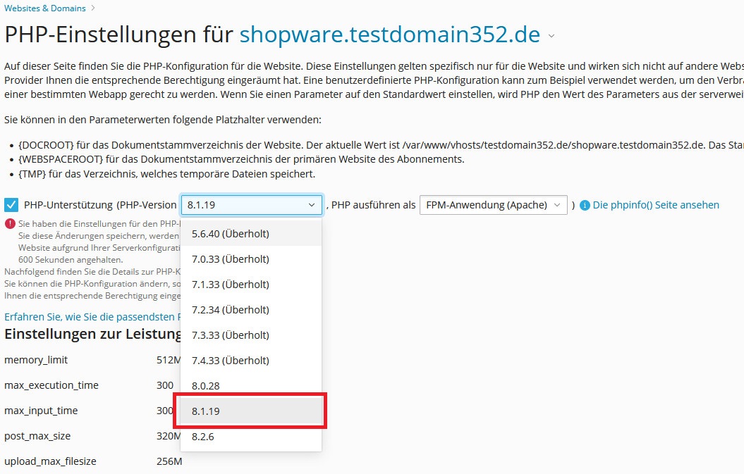 Plesk - PHP-Version auswählen