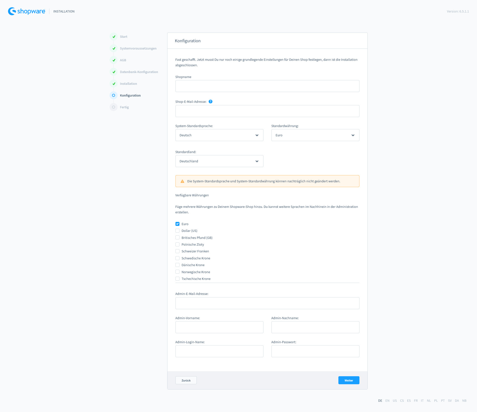 Shopware 6 Installation - Shopkonfiguration