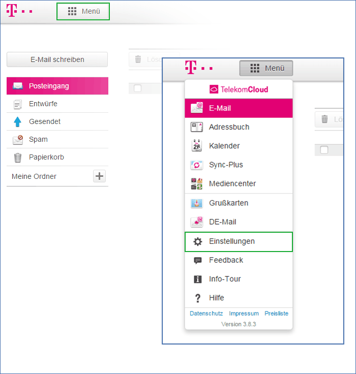 T-Online E-Mail-Postfach Menü
