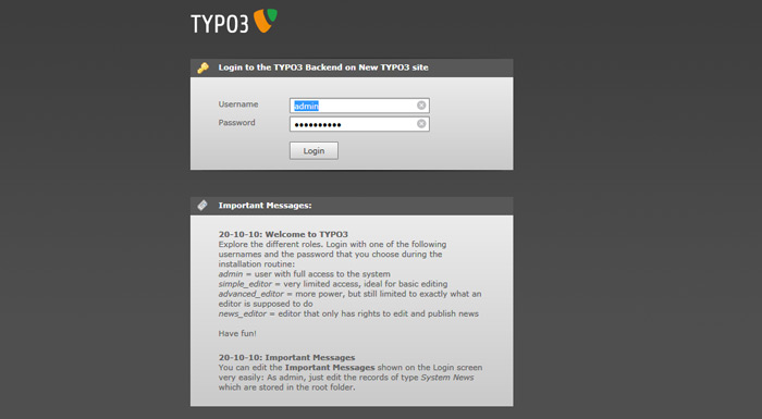 TYPO3 Installation Backend Login