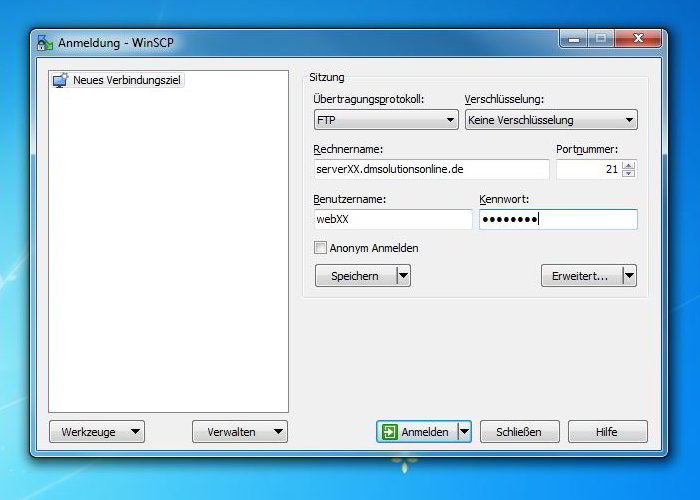 WinSCP mit dem Webspace verbinden