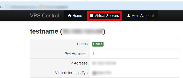 vServer Control Panel Virtual Servers Menu