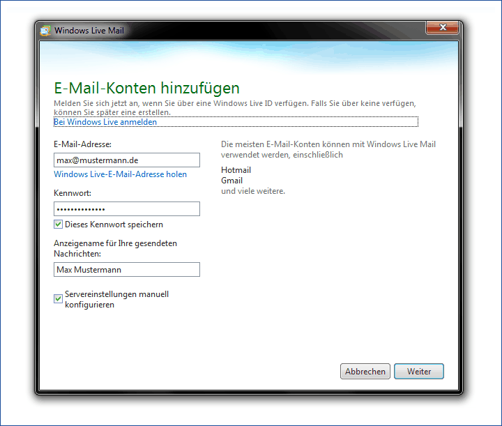 E-Mail einrichten Windows 7