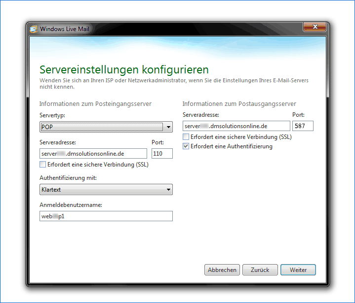Windows Mail Servereinstellungen
