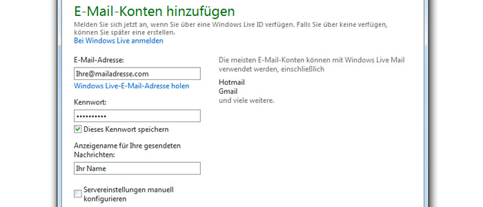 Windows Live Mail Postfach einrichten