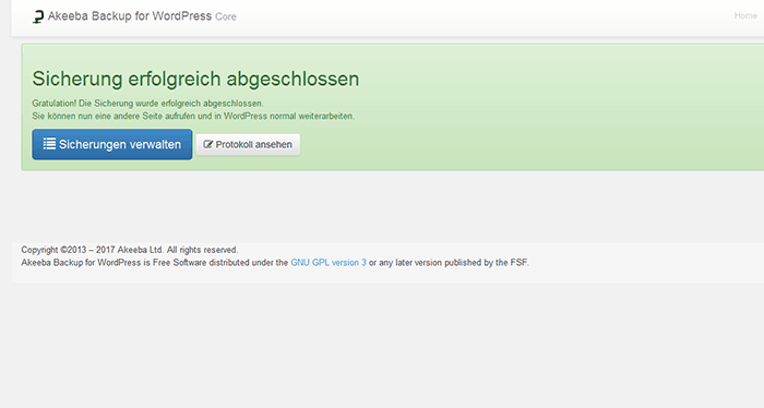 Akeeba Sicherung abgeschlossen