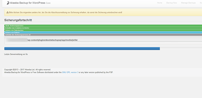 Akeeba Sicherung wird erstellt