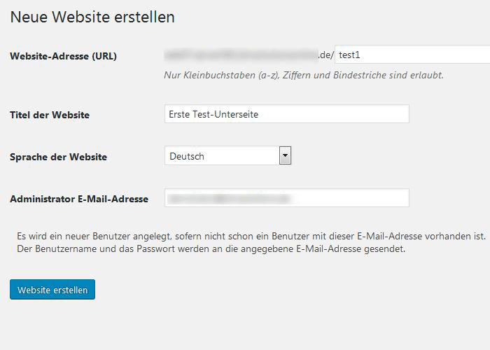 WordPress Multisite -  Unterseite erstellt