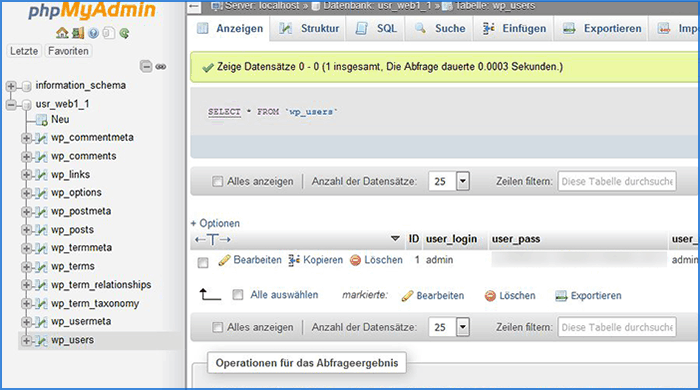 Tabelle 'user' in phpMyAdmin