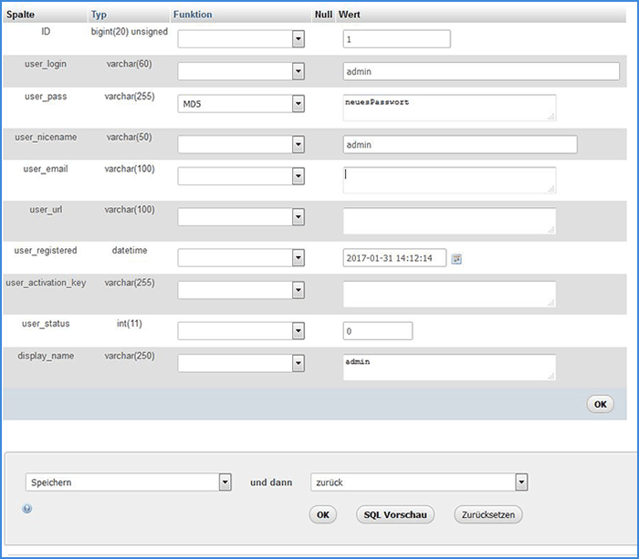 phpMyAdmin angepasster Eintrag