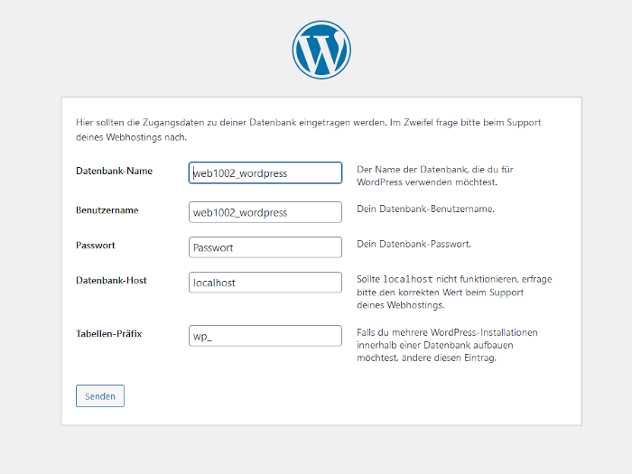 WordPress Installationsanleitung - Setup Datenbank eintragen