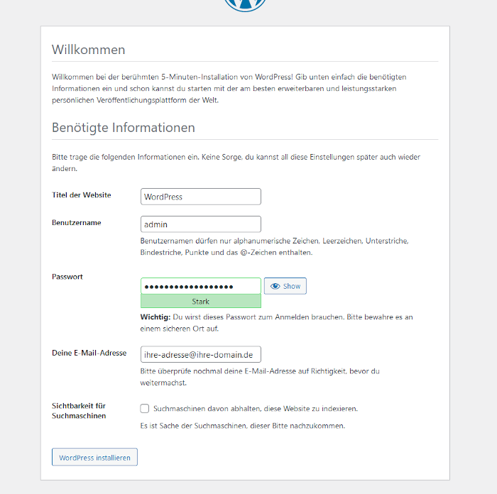 WordPress Installationsanleitung - benötigte Daten für die WordPress Seite