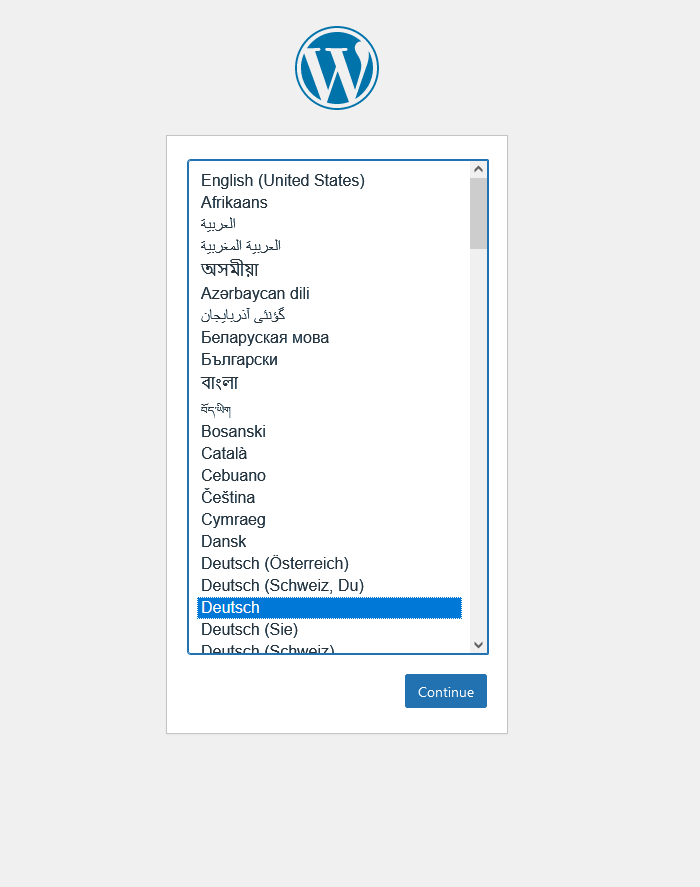 WordPress Installationsanleitung - Setup Sprache wählen