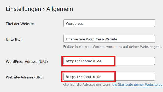 WordPress Allgemeine-Einstellungen-URLs