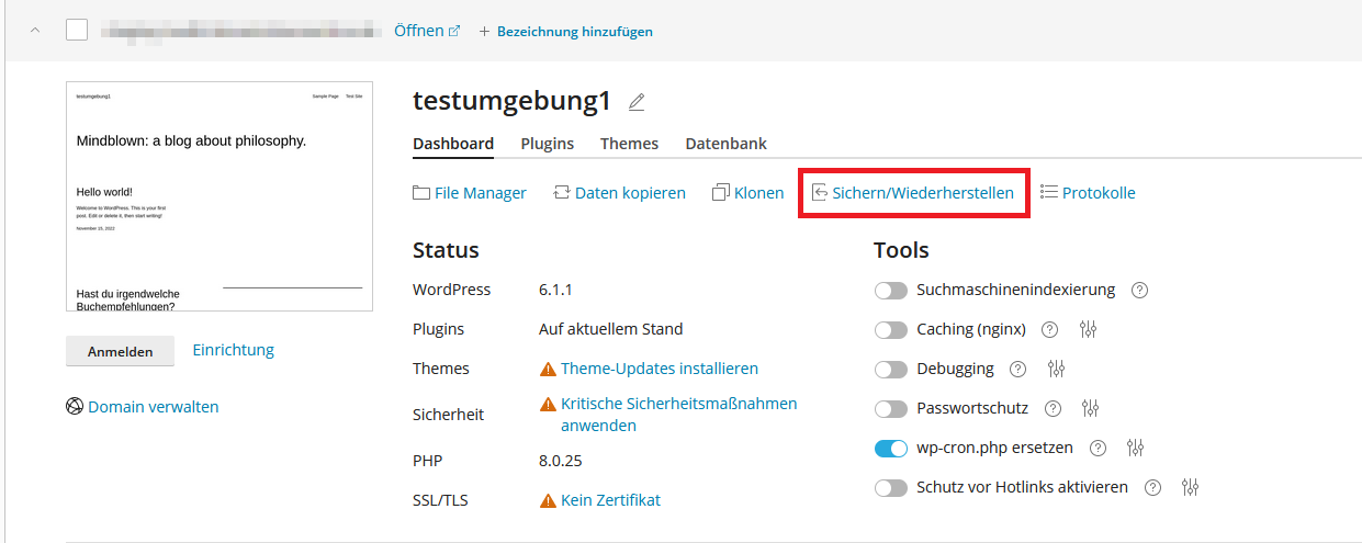 wp-toolkit Backupmenü öffnen