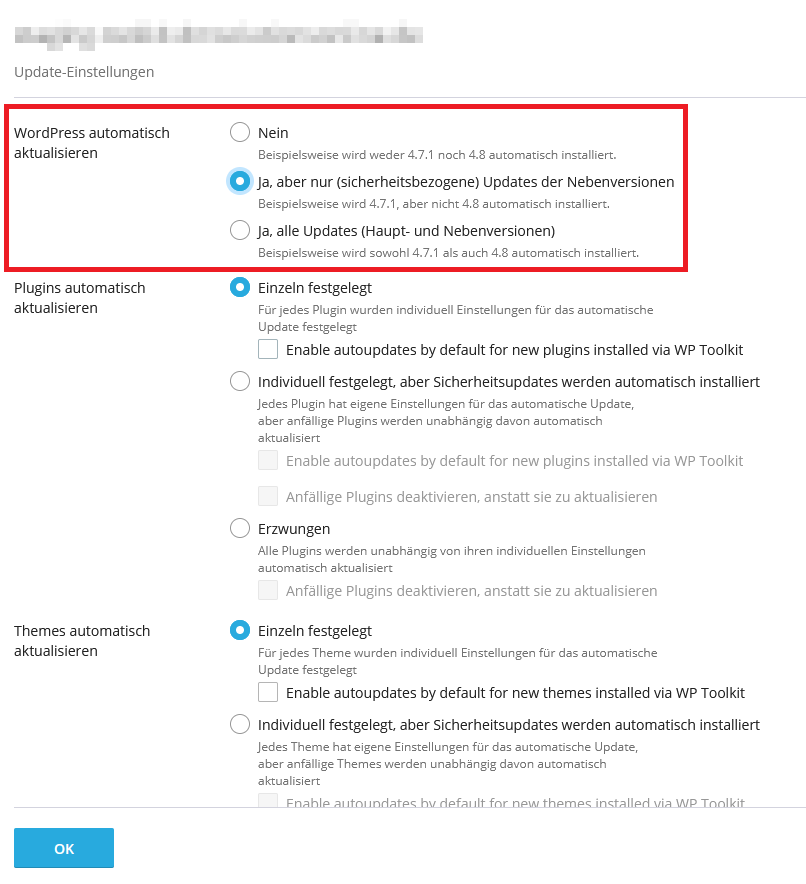 wp-toolkit Core Update Einstellungen