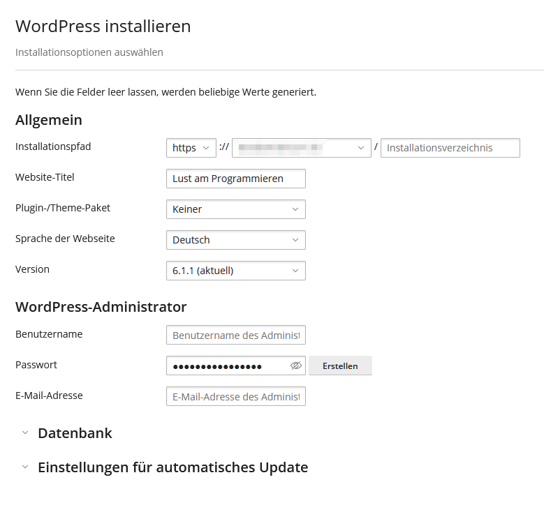 wp-toolkit Installationsoptionen