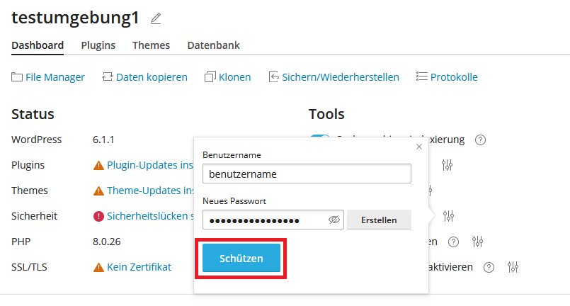 wp-toolkit Passwortschutz aktivieren