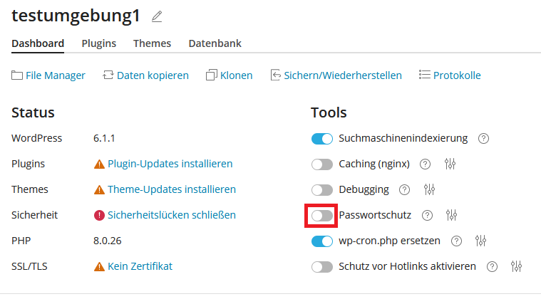 wp-toolkit Passwortschutz